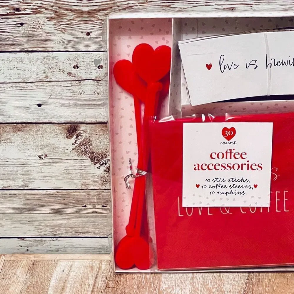 NWT 30 pc Red Set coffee accessories 10 stir sticks,10 coffee sleeves,10 napkins